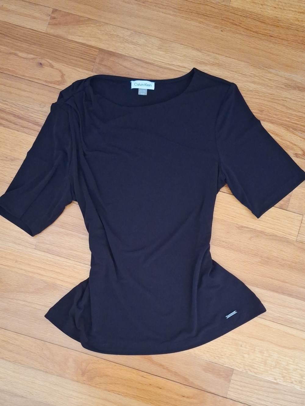 Calvin Klein Black Short Sleeve Top  Stretchy Knit Top Pleated Gathered Shoulder